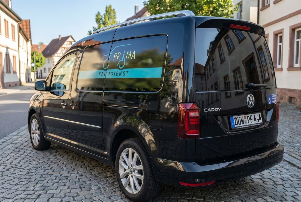 Schwarzer VW Caddy Maxi von Prima Fahrdienst, unterwegs für Krankenfahrten