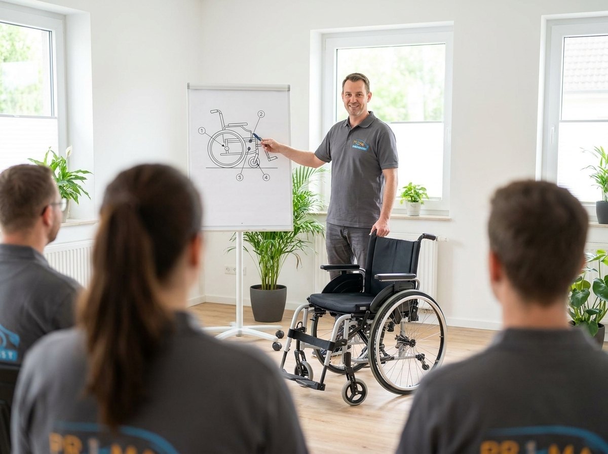 Schulung bei Prima Fahrdienst: Ausbilder erklärt dem Team am Flipchart die Rollstuhl-Sicherung