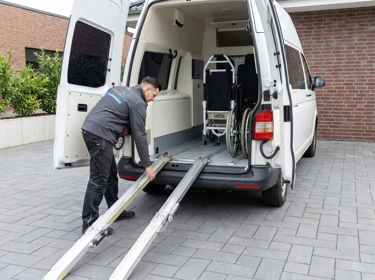 Weißer Rollstuhlbus von Prima Fahrdienst mit ausgeklappter Rampe und barrierefreiem Innenraum