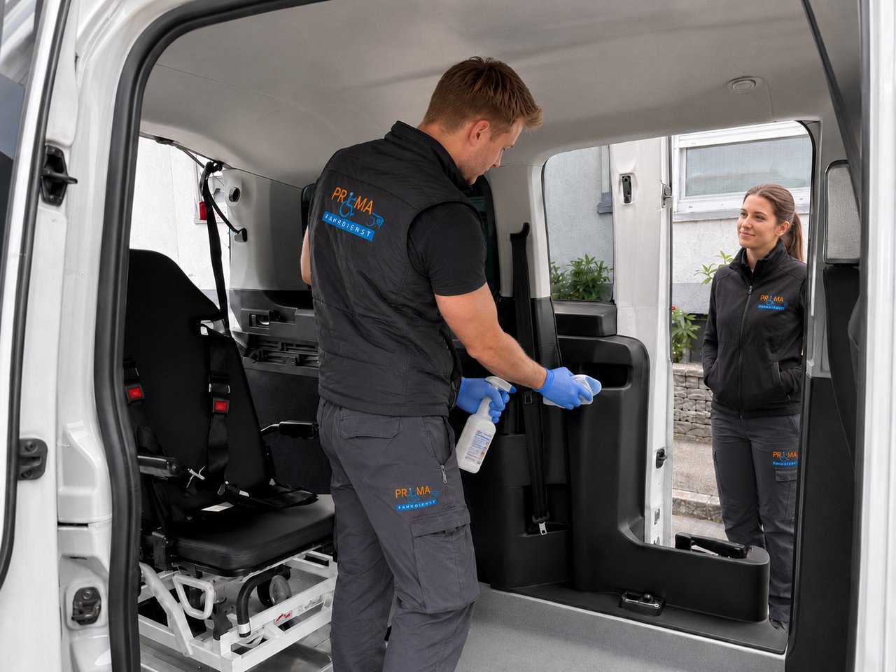 Prima-Mitarbeiter desinfiziert den Innenraum des Krankentransport-Fahrzeugs für hygienisch saubere Fahrten