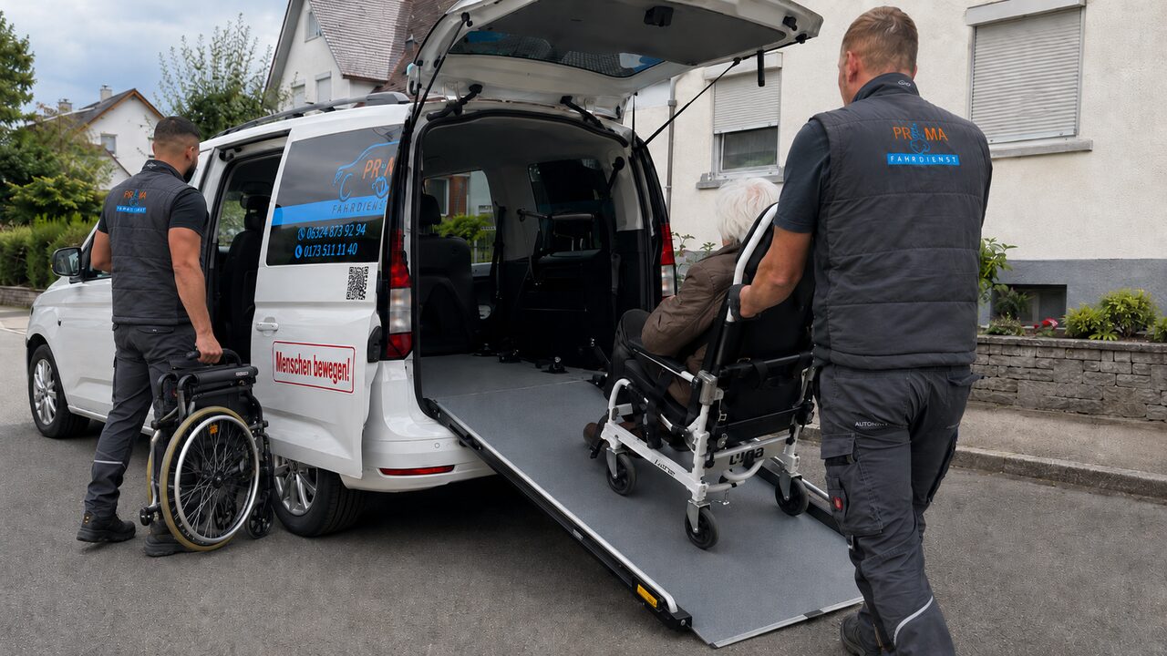 Prima-Fahrdienst-Mitarbeiter verladen eine Seniorin im Tragestuhl über die Rampe in den Krankentransportwagen